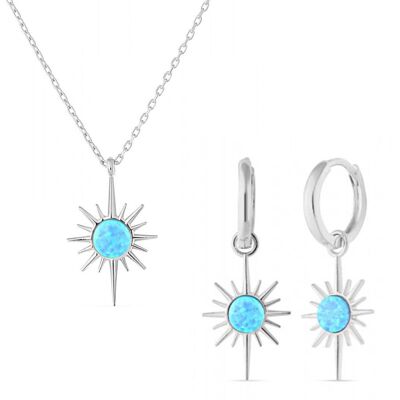 Ensemble de boucles d'oreilles créoles et collier en argent sterling avec opale bleue Northernstar
