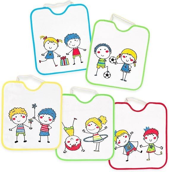 Bavaglini impermeabili Ti TIN Pack 5 per bambini sopra i 12 mesi | Stampe divertenti | Spugna di cotone 100% | Chiusura con elastico | 28x32 cm.