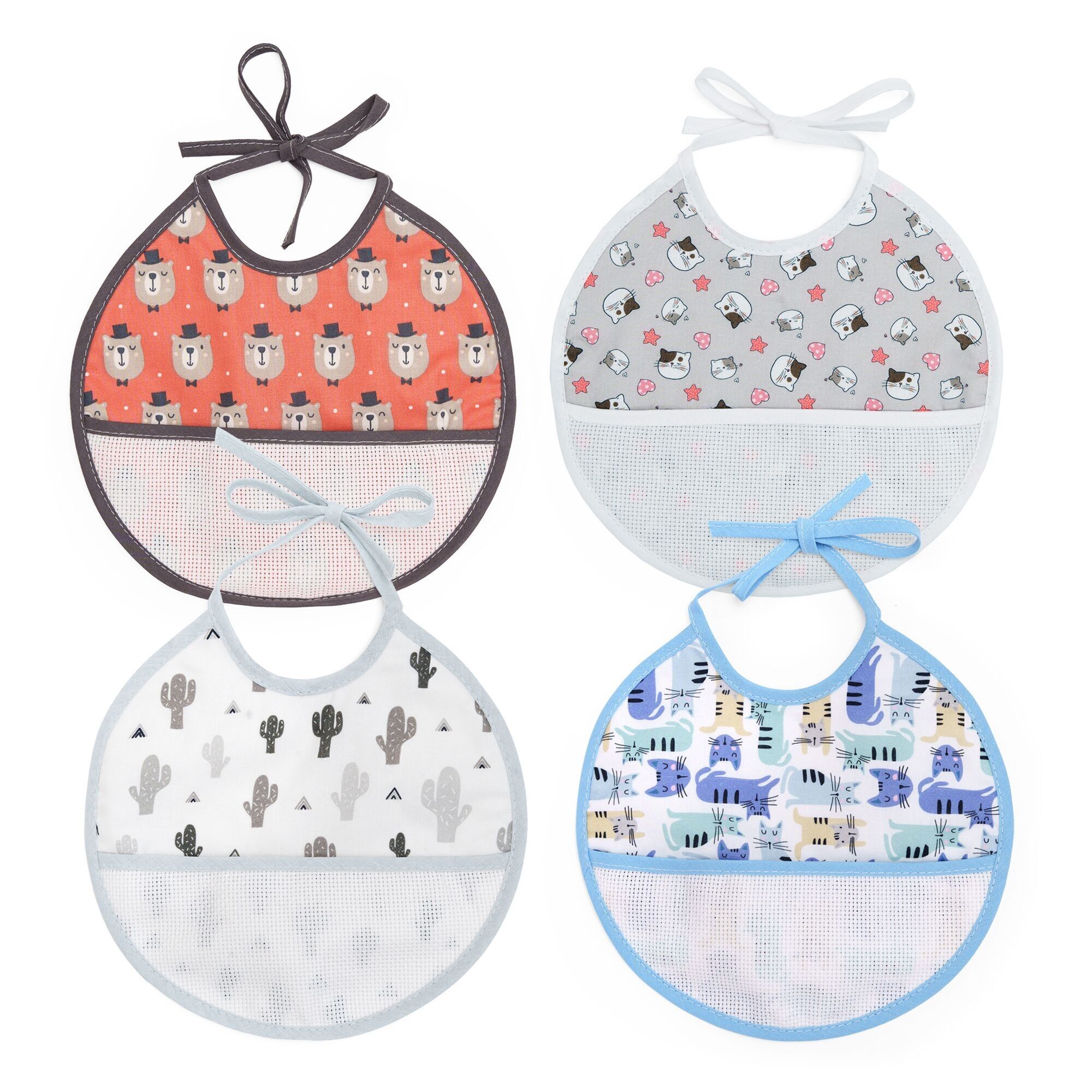 Ti TIN | Pack 4 Baberos de Punto de Cruz 100% Algodón con Tacto muy suave | Varios Estampados | 19x19 cm | Baberos de algodón | Tacto Suave y Forro de Rizo