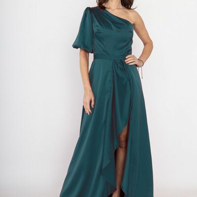 Green asymmetrical long evening dress