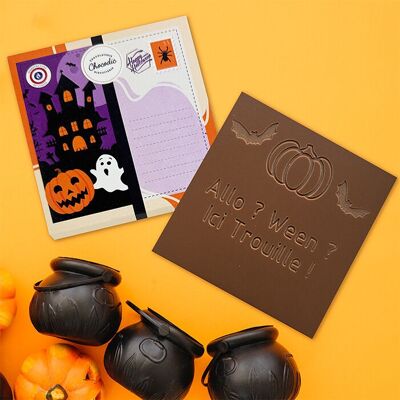 Tarjetas masticables | Chocolate grabado CALABAZA Y FANTASMA DE HALLOWEEN | Barra de chocolate con leche o amargo | Chocolate personalizado sin colorantes | Tarjeta de regalo