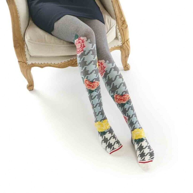 Collant invernale pied de poule grigio e fiori piazzati