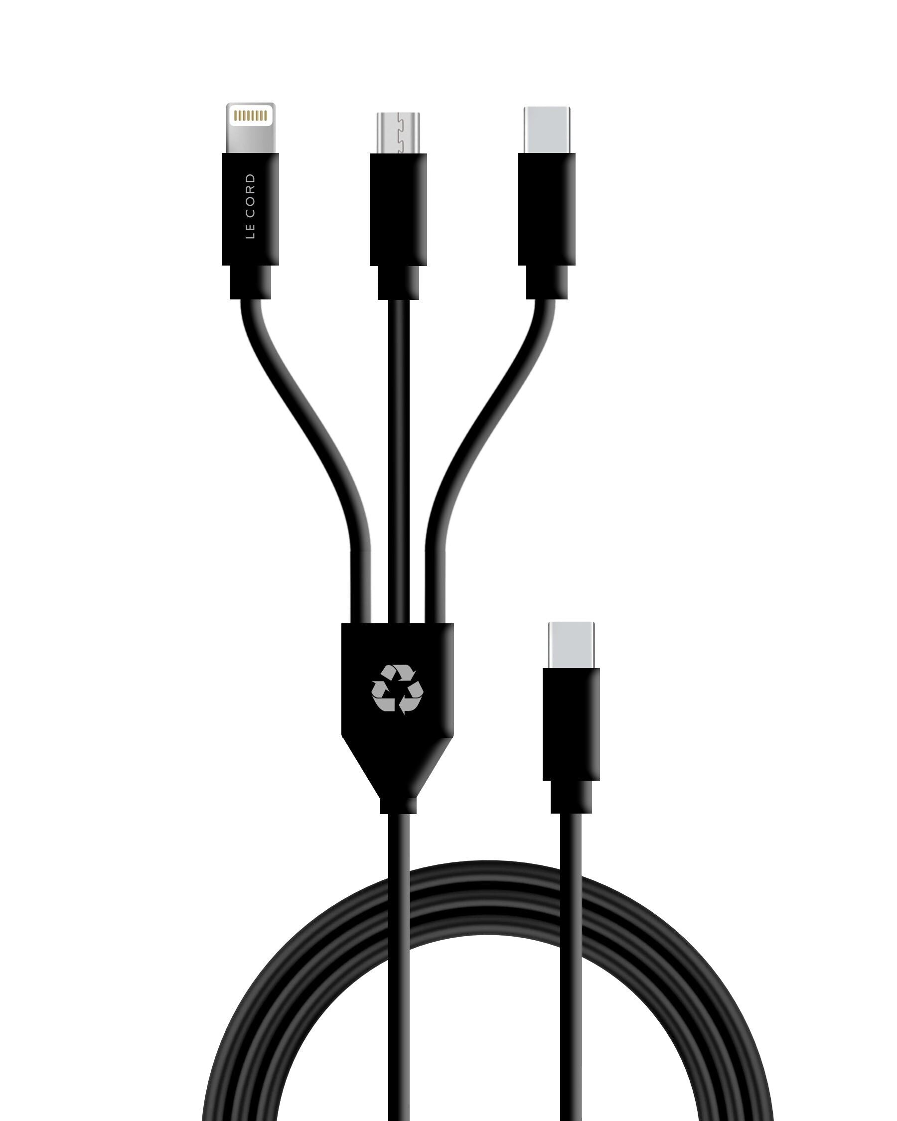 Cable multi 3 en 1 USB-C · Fabricado con plásticos reciclados · 60W