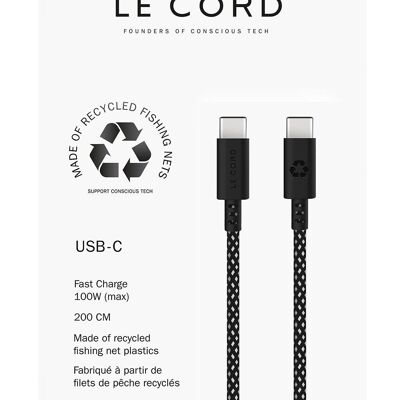 USB Sea Black · Type C · 100 W · 2 mètres · Fabriqué à partir de filets de pêche recyclés