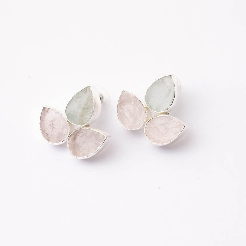 Orecchini Yoga Big Ed. Edizione limitata in edizione limitata, argento grezzo, verde acqua e quarzo rosa