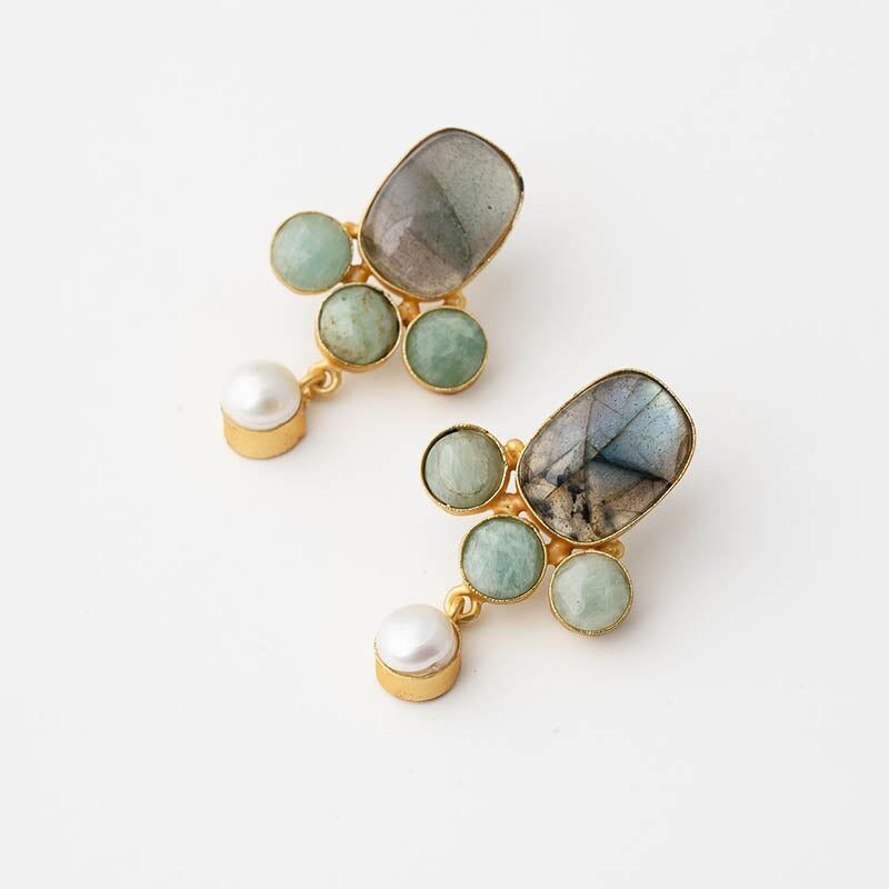 Orecchini Afra Ed. Labradorite, Amazzonite e Perla limitate