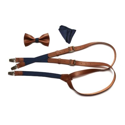 Medium- brown genuine leather set with blue elastic. Suspenders, bow tie and pocket square.