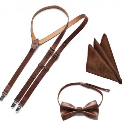 Classic brown genuine leather set with brown elastic. Suspenders, bow tie and pocket square.