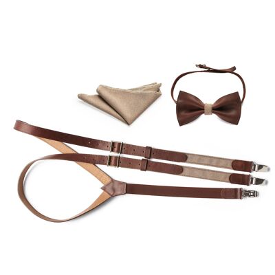 Brown cappuccino genuine leather set  with linen elastic. Suspenders, bow tie and pocket square.