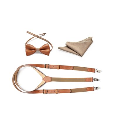 Honey brown genuine leather set with light elastic. Suspenders, bow tie and pocket square.