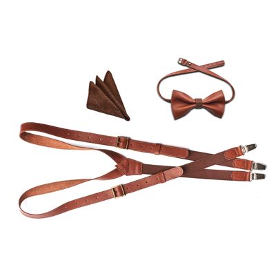 Carmel brown genuine lether set with brown elastic. Suspenders, bow tie and pocket square.