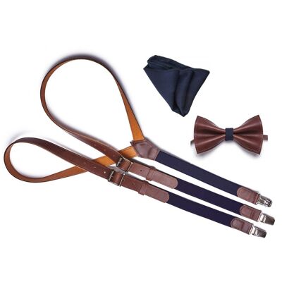 Brown genuine lether set with navy blue elastic. Suspenders, bow tie and pocket square.