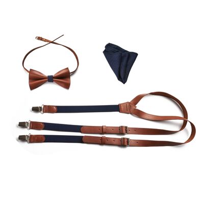 Carmel brown genuine lether set with navy blue elastic. Suspenders, bowtie and pocket square.