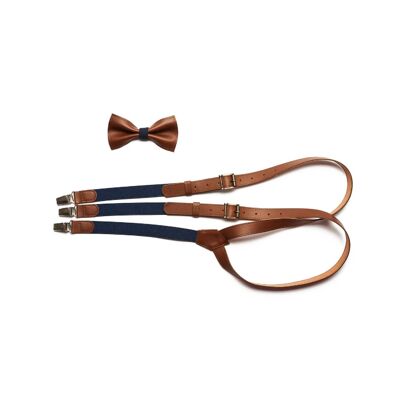 Medium- brown genuine leather set with blue elastic. Suspenders and bow tie.