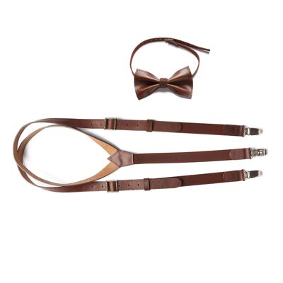 Classic brown genuine leather set with brown elastic. Suspenders and bow tie.