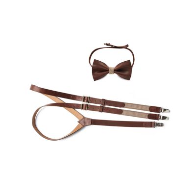 Brown cappuccino genuine leather set  with linen elastic. Suspenders and bow tie.