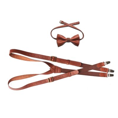 Carmel brown genuine lether set with brown elastic. Suspenders and bow tie.