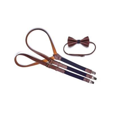 Brown genuine lether set with navy blue elastic. Suspenders and bow tie.