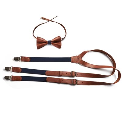 Carmel brown genuine lether set with navy blue elastic. Suspenders and bowtie.