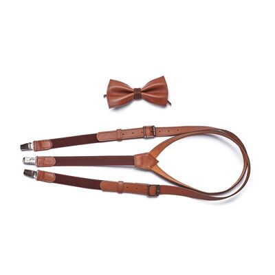 Medium- brown genuine leather set with brown elastic. Suspenders and bow tie.