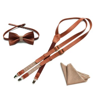 Medium- brown genuine leather set with linen elastic. Suspenders, bow tie and pocket square.
