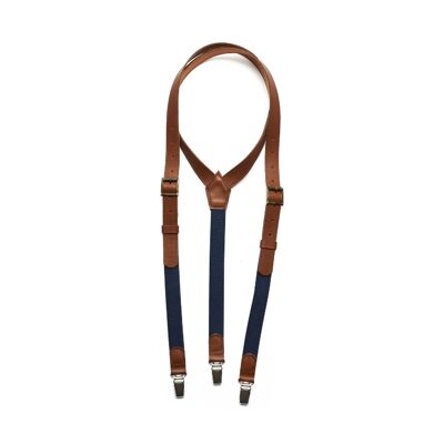 Medium- brown genuine leather suspenders with blue elastic.