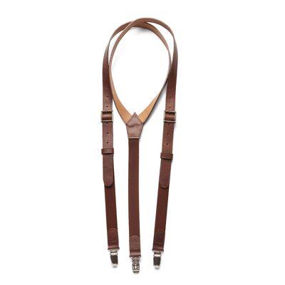 Classic brown genuine leather suspenders with brown elastic.