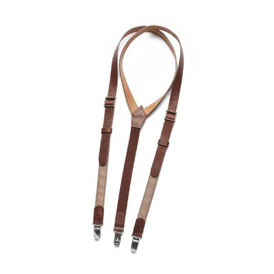 Brown cappuccino genuine leather suspenders  with linen elastic.