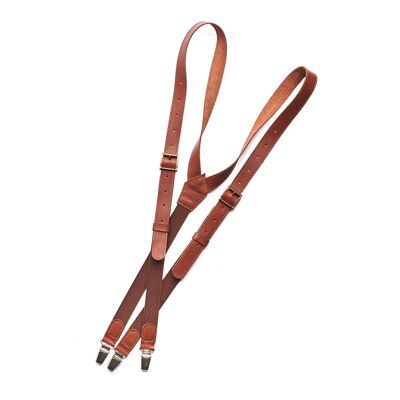 Carmel brown genuine lether suspenders with brown elastic.
