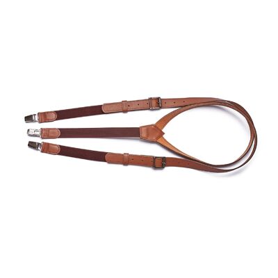Medium- brown genuine leather suspenders with brown elastic.