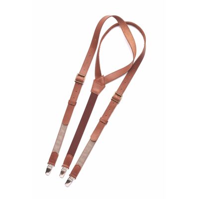 Medium- brown genuine leather suspenders with linen elastic.
