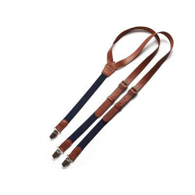 Carmel brown genuine lether suspenders with navy blue elastic.