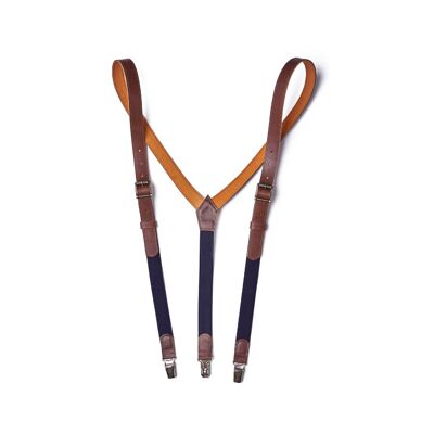 Brown genuine lether suspenders with navy blue elastic.