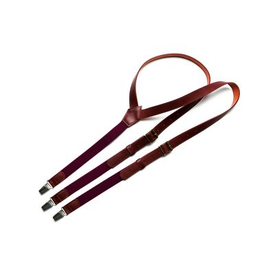 Brown genuine leather suspenders with plum elastic