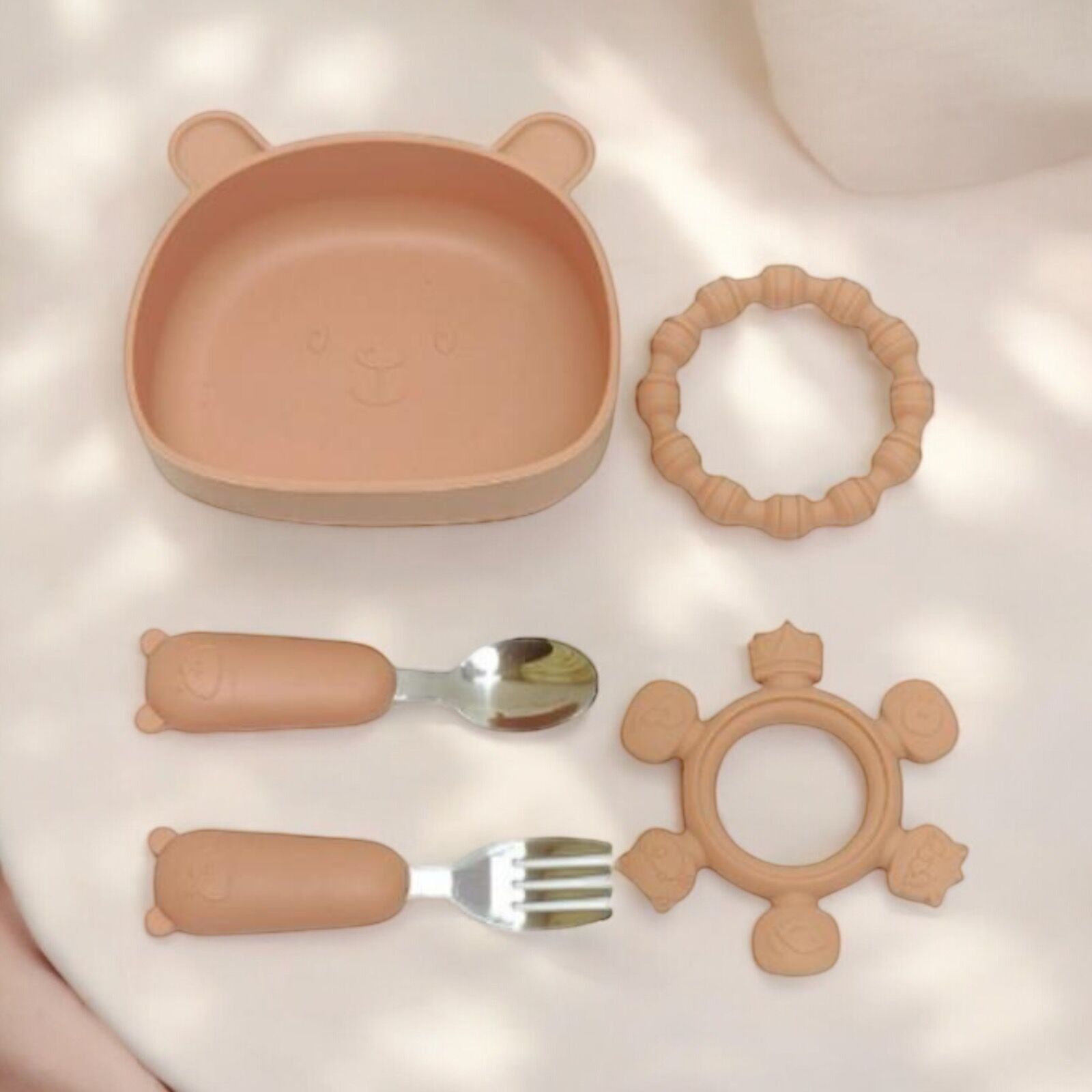 Terracotta Silicone Baby Meal Set: Suction Bowl + Cutlery + 2 Teething Rings