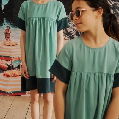 romy dress in emerald green and navy tencel for children