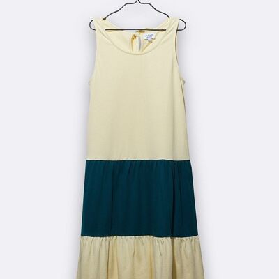 tilda dress in light yellow and petrol colors