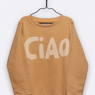 tommy sweater in sand colors with the ciao print