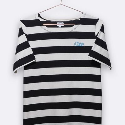 balthasar t shirt in black and white striped with small ciao embroidery for women