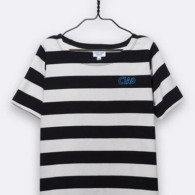 balthasar t shirt in black and white striped with small ciao embroidery