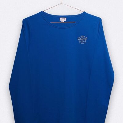 tommy longsleeve in bright blue with dog head embroidery for women
