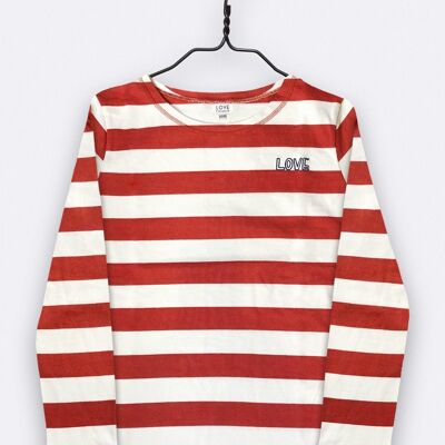 Timmy de manga larga en jersey de algodón orgánico a rayas rojas y blancas con bordado de amor