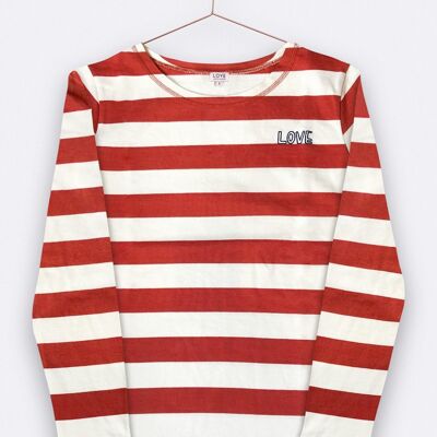Timmy camiseta de manga larga en blanco a rayas rojas con bordado de amor para mujer