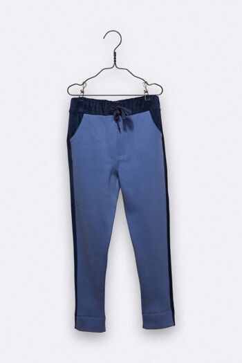 pantalon luca bleu avec des rayures en velours marine et l'imprimé ok 3