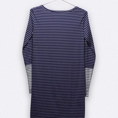 carla dress in navy lilac striped for women