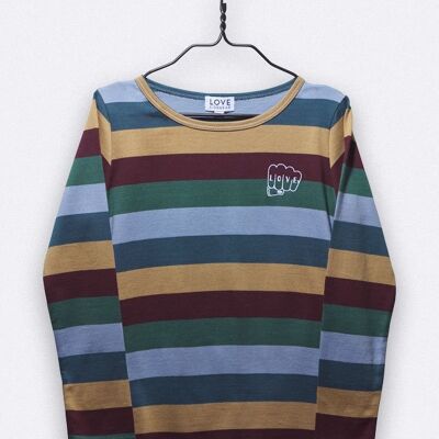 tommy longsleeve in multi-colored striped with white love fist