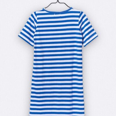 anna dress in blue and white striped with a small heart