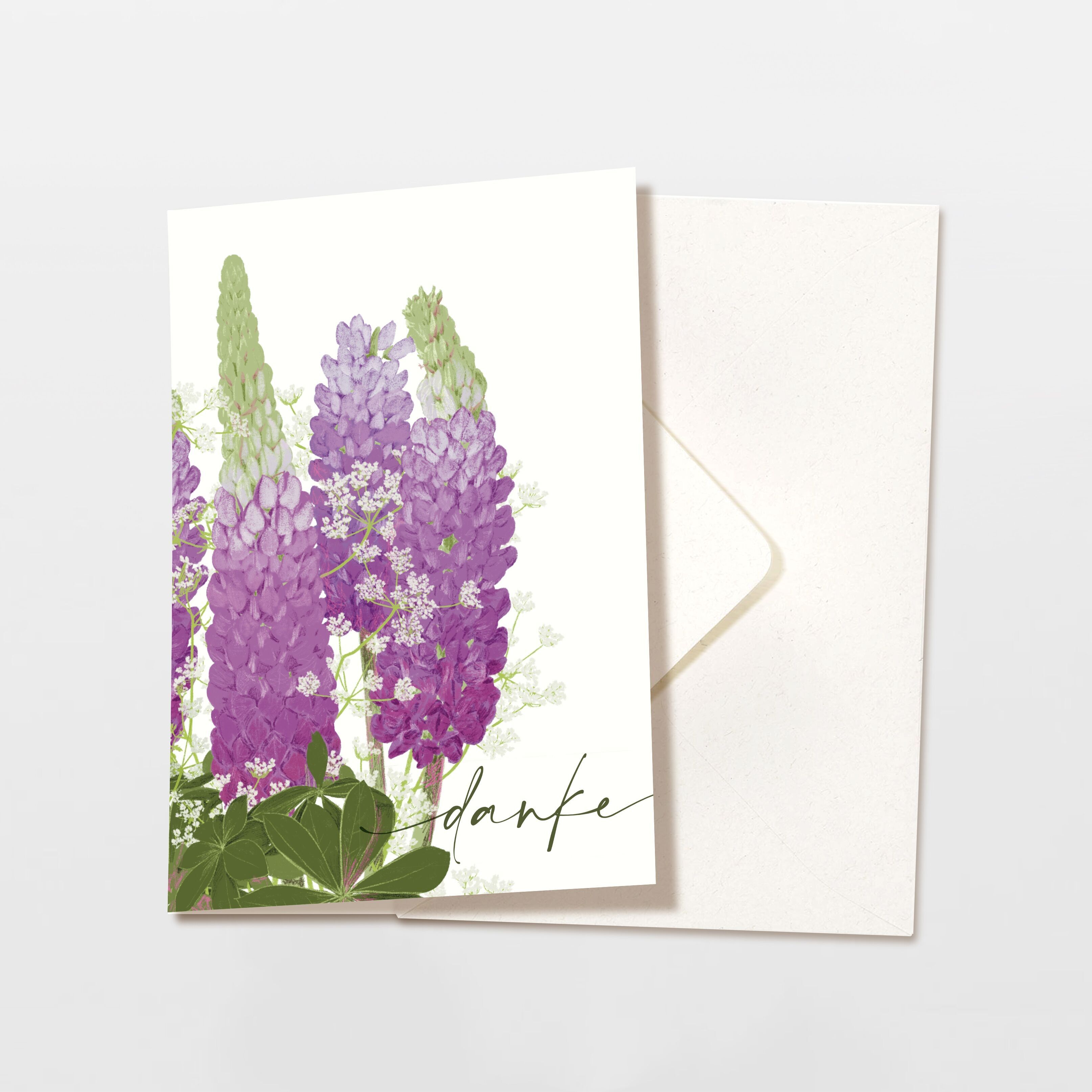 Biglietto pieghevole con busta di ringraziamento con fiori viola, certificato FSC