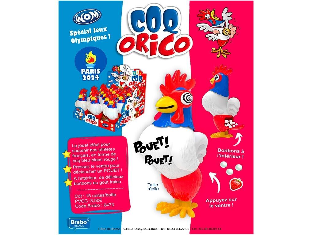 Brabo - Gallo Orico - Dolci divertenti - Speciale Giochi Olimpici! - Esposizione di 15 galli con caramelle - Gusto fragola