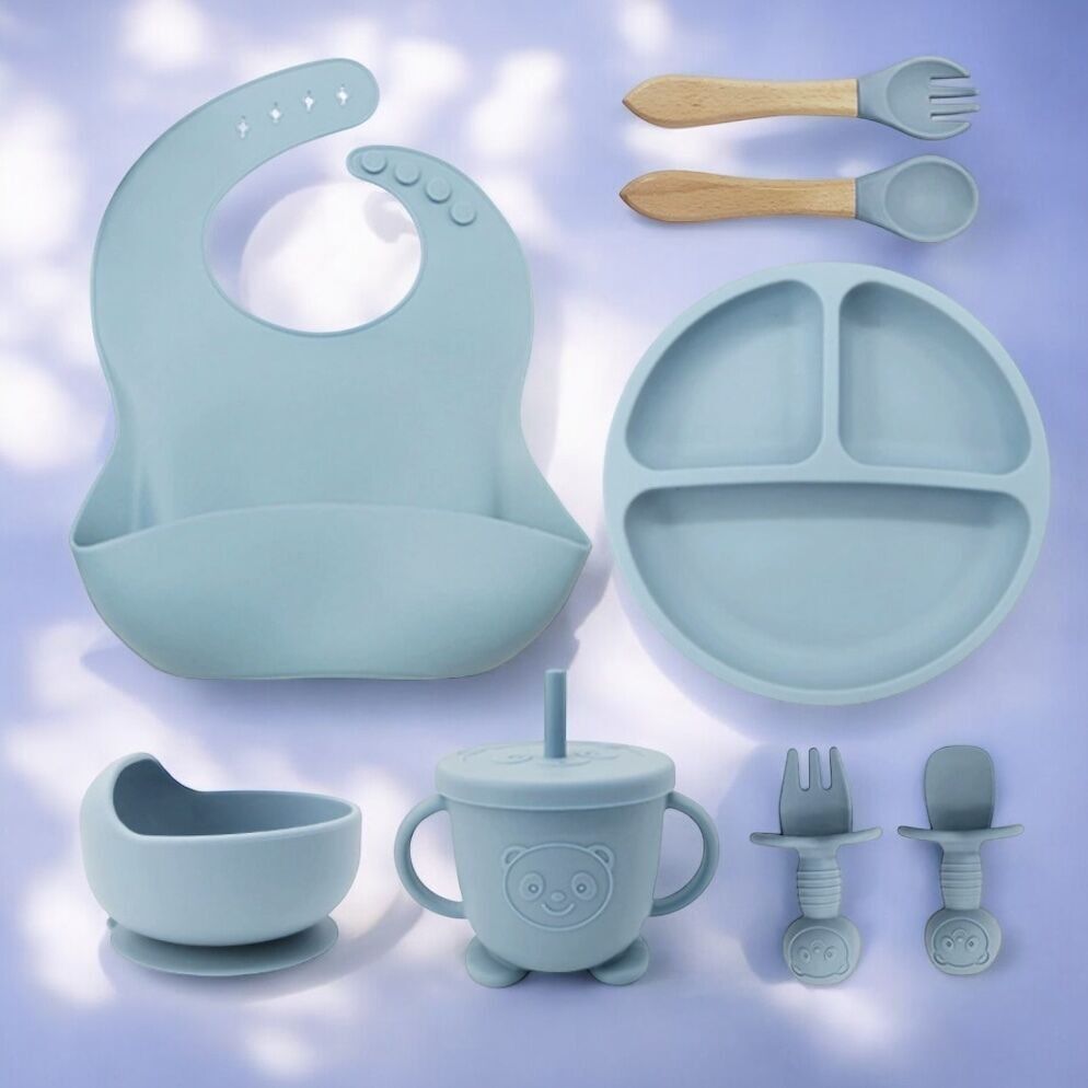 Set per pappe in silicone per bambini da 8 pezzi: blu grigio